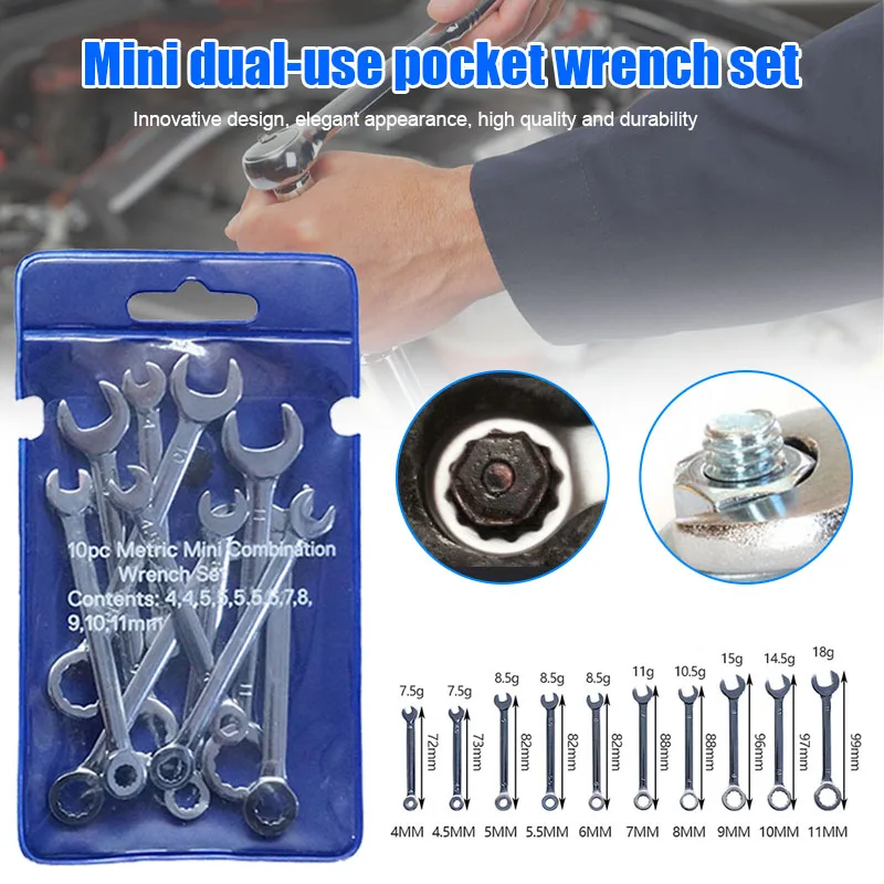 

10Pcs/set Professional Mini Combination Wrench Spanner Set 4-11mm Metric Small LKS99