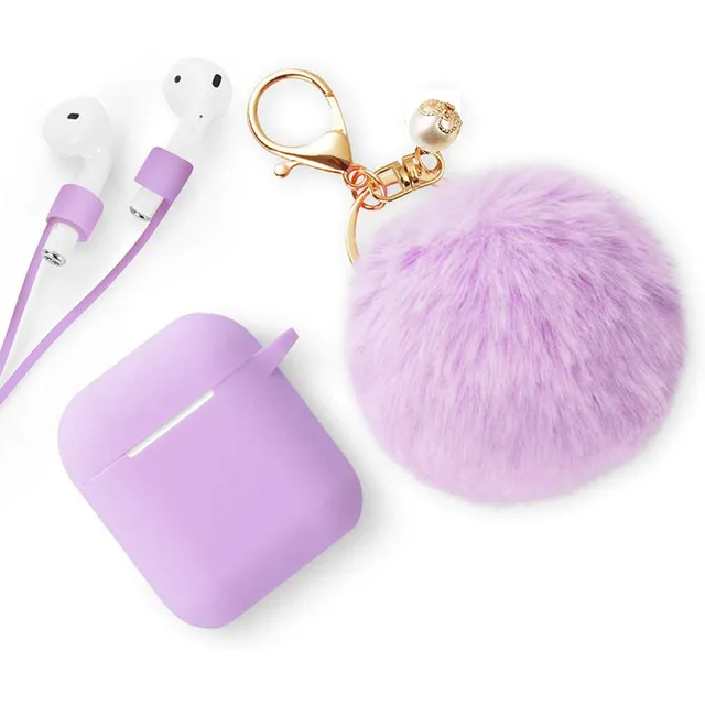 Protective Case multi colors with lost-proof and Keychain hooks lovely hair ball Silicone Bluetooth Earphone For airpods 1 2 1 2Light purple