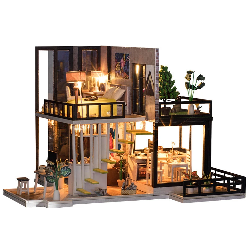 DIY Кукольный дом чердак Миниатюрный Кукольный домик Модель сборные наборы игрушка 3D Деревянный Строительный Funitures светодиодные фонари дом игрушки для детей