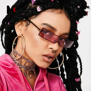 

2021 Trending Small Rectangle Rimless Sunglasses Women Retro Clear Pink Red Orange Integrated Lens Sunglasses UV400 GB8206