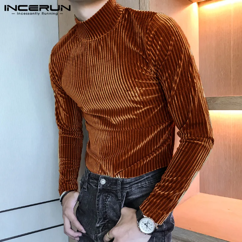 INCERUN/модные мужские футболки с высоким воротом, вельветовое осеннее однотонное нижнее облегающее белье, топы с длинными рукавами, повседневные футболки для мужчин S-5XL