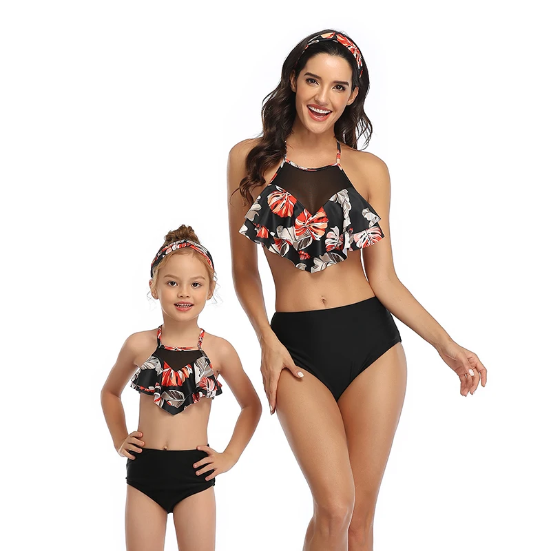 

2020 Leaf Swimsuits Mother Daughter Swimwear Halter Neck Mommy and Me Beachwear Family Matching Clothes Outfits Look Bath Suits