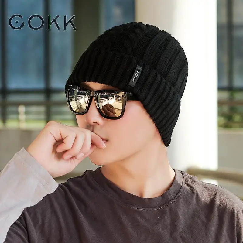 COKK зимняя шапка мужские шапочки Skullies вязаная мужская с ушами уличная толстая |