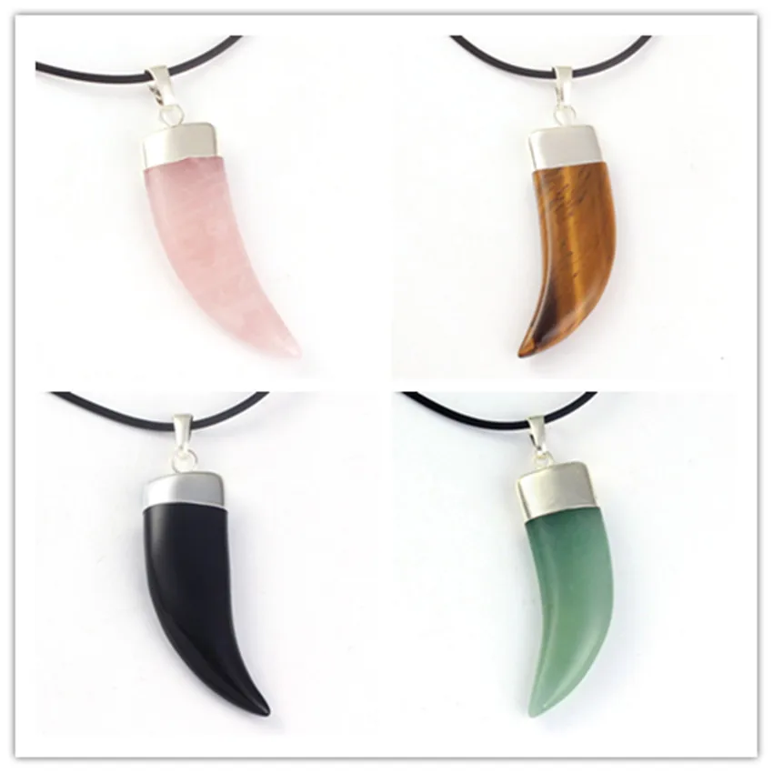 

FYJS Unique Silver Plated Horn Shape Rose Pink Quartz Pendant Green Aventurine Necklace Ethnic Style Jewelry