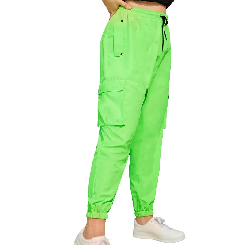 Fluorescent Green Плюс размер большой карман неоновый зеленый уличная женская брюки 4Xl повседневные брюки карго флуоресцентный рисунок Высокая талия Свободные джоггеры - Цвет: Fluorescent Green