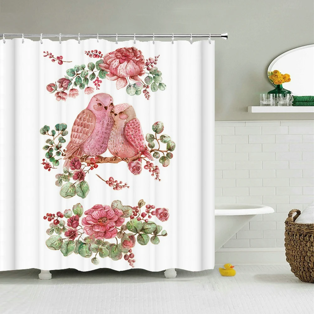 Водонепроницаемая занавеска для ванной с 12 крючками и принтом цветов птиц
