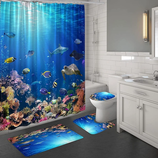 Tropical Ocean Shower Curtain Bathroom Mat Set Blue Underwater