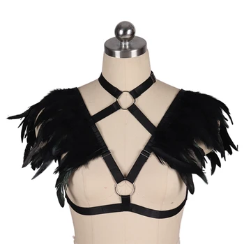 

Feather Epaulets V-Neck Harness Bra Wings Adjust Plus Size Crop Tops Shoulder Steampunk Goth Fetish Exotic Festival Dance Rave