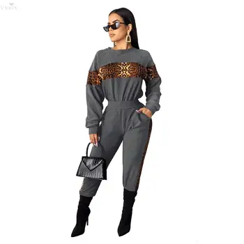 

Womens Tracksuit Set Suit Casual Leopard Patchwork Printed Sweatshirt And Pants Long Sleeve Tracksuit Women Two Piece Outfits