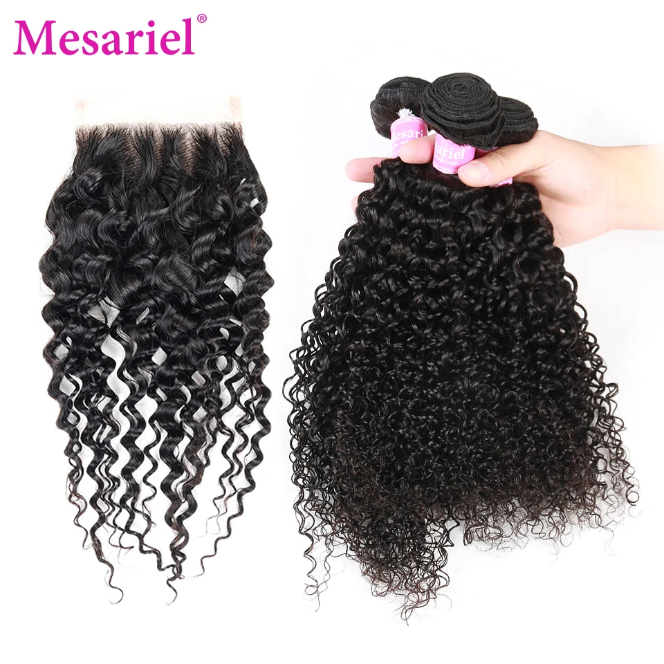 

Mesariel Kinky Curly 3 Bundles With Closure Brazilian Hair Weave Bundles With Closure 4x4 Human Hair Lace Closure Remy Hair M