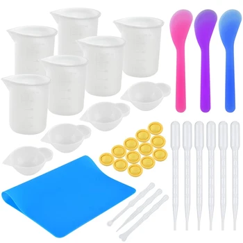 

DIY Jewelry Tool Measuring Cup Set with 100Ml Silicone Measuring Cup Stir Sticks Spoons Finger Cover Silicone Mat for Casting DI