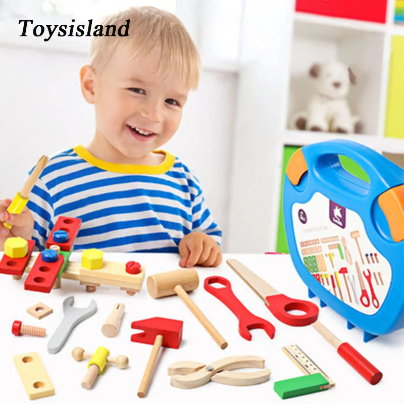  Wooden Tools Kit Set Toywood Simulation Toolbox Baby Nut Screw Pretend Play Educational Toys Montes