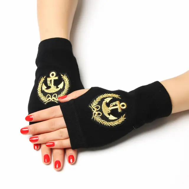 Sailor dance gloves Rivet wool gloves spring and autumn black half-finger gloves show gloves Gold anchor