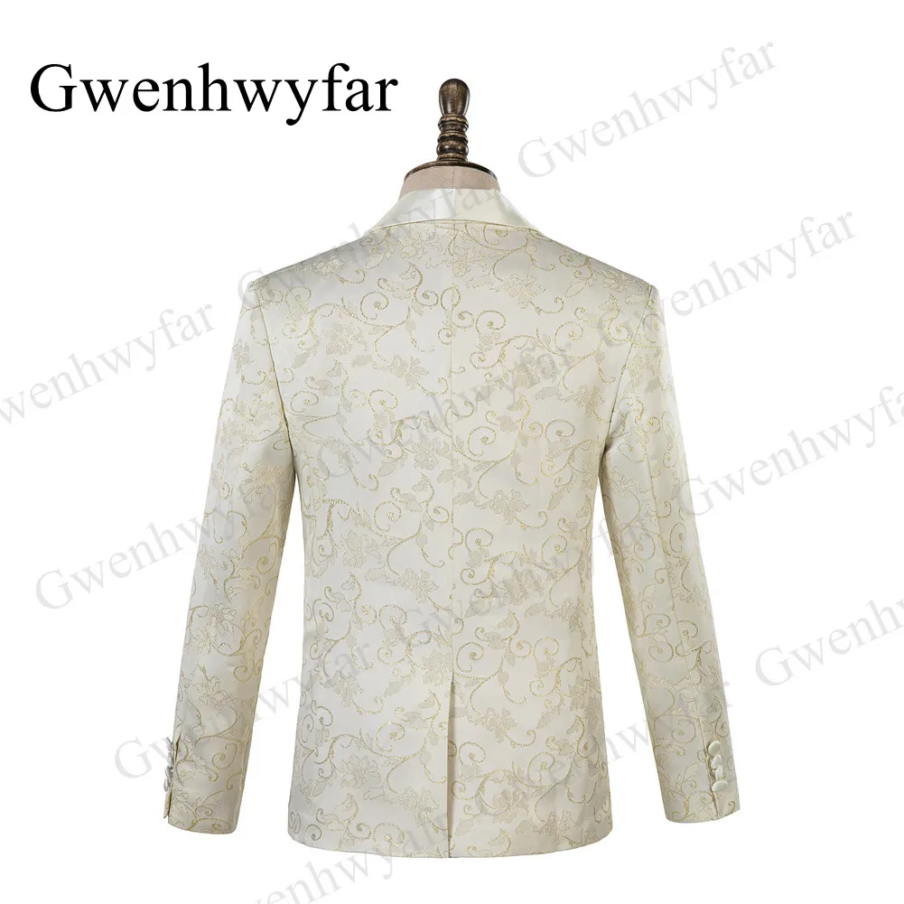 Gwenhwyfar Tailor-made Men Tuxedos Cream Color Gold Line Embroidery Costume Formal Shawl Lapel Men Suits 3 Pcs