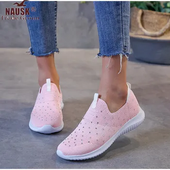 

2020 New Flat Shoes Women Knitting Sock Sneaker Spring Ladies Slip On Rhinestone Casual Women's Shoes Comfort Female Footwear