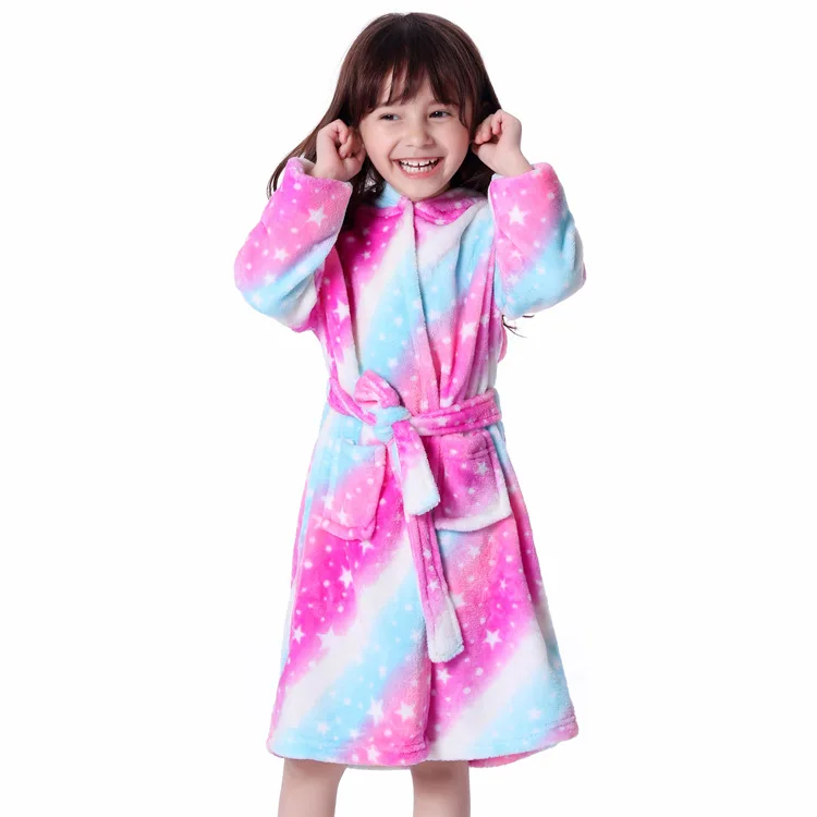 Зимние Детские Банные халаты Kigurumi с капюшоном и единорогом; банный халат с радугой; пижамы для мальчиков и девочек; ночная рубашка; детская одежда для сна - Цвет: Rose star unicorn