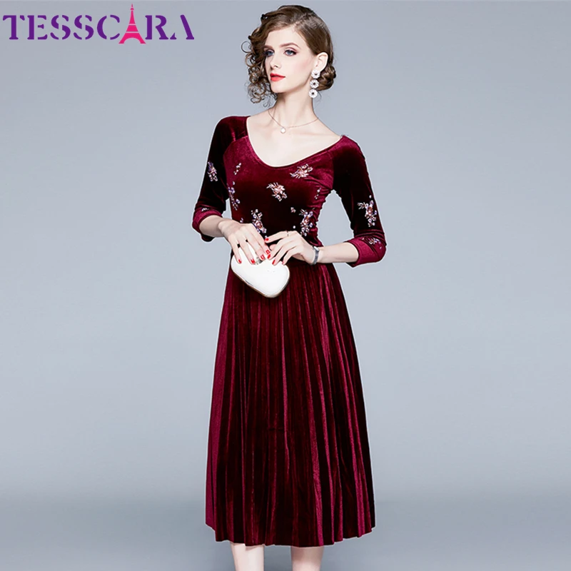

TESSCARA Women Autumn Elegant Embroidery Velvet Dress Female Office Lady Party Robe Femme Designer High Quality Pleated Vestidos