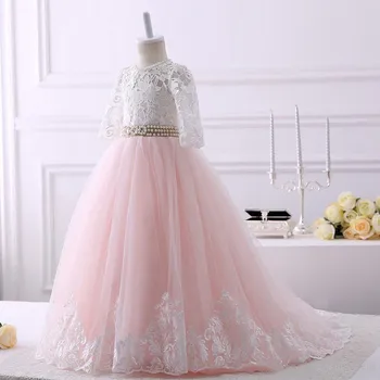 

Customized Kids Clothes Lace A line Flower Girls Dress with Pearls Ribbon Keyhole Back Lace up Tulle First Communion Dress