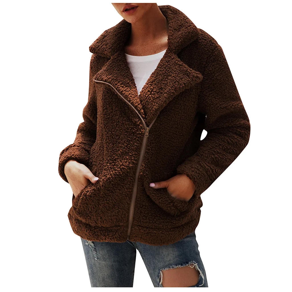Зимние толстые теплые женские искусственный мех пальто молнии из овечьей шерсти пушистая флисовая Меховая куртка повседневная Уличная плюшевый мишка пальто - Цвет: Коричневый
