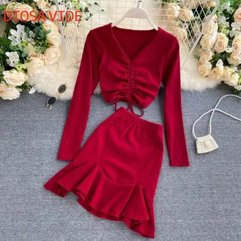 

Drawstring v-neck long-sleeved high-waist short cropped umbilical all-match T-shirt top ruffled fishtail skirt suit two-piece
