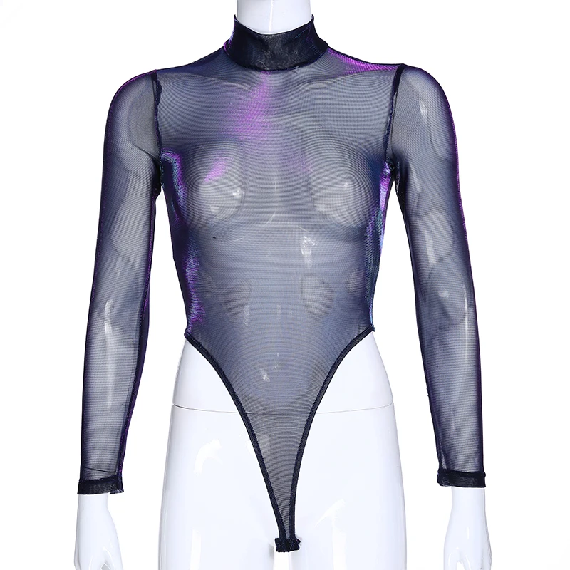 Sexy Glitter Purple Bodycon Bodysuit Women Fishnet Mesh See Through Long Sleeve Hollow Women Goth Gothic Leotard Jumpsuit Top