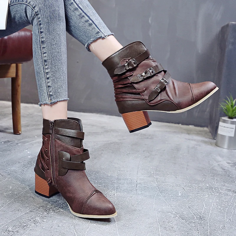 

Plus Size 35-43 Brown Women Ankle Martin Boots Autumn Platform Boots Zipper Mid Heel Pointed Female Boots Buckle Dropshipping