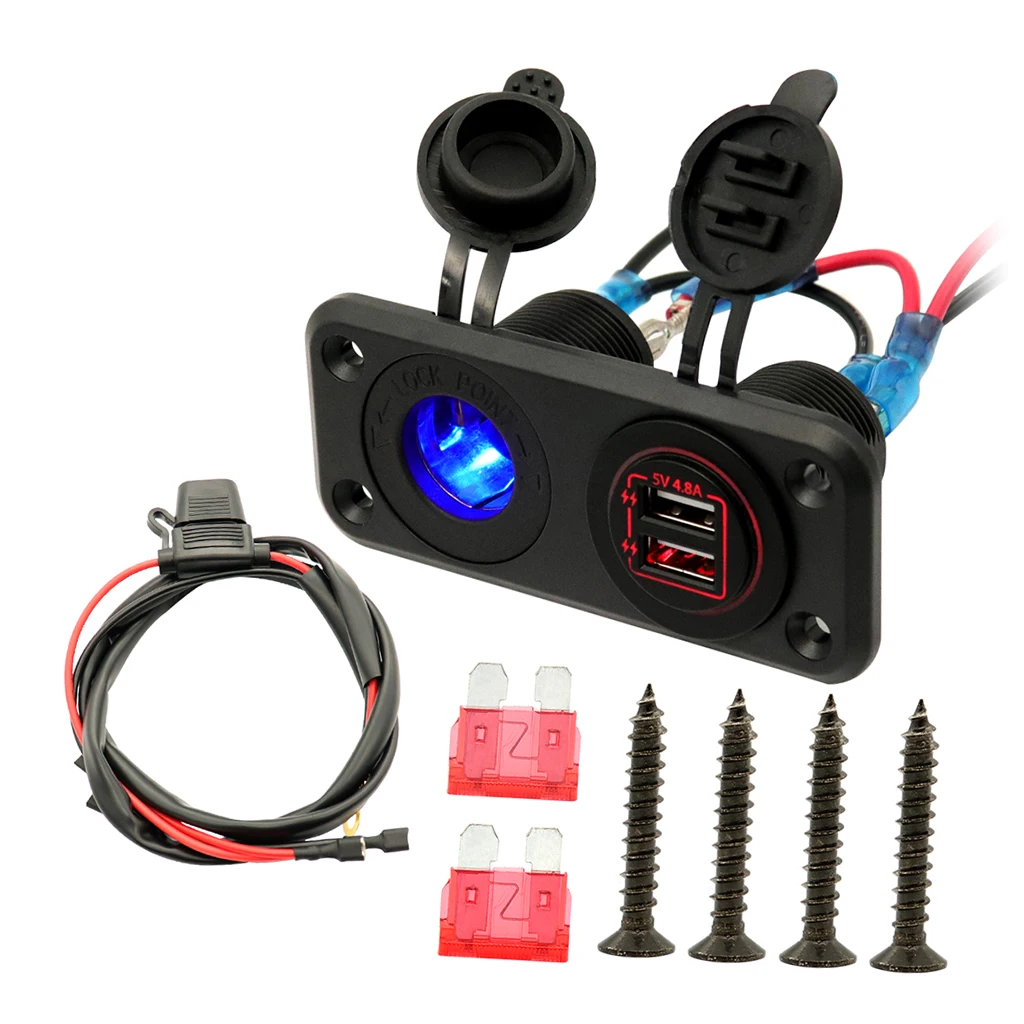 Car Charger 12V/24V Waterproof Dual USB Fast Charger Socket Power Outlet for Marine, Boat, Motorcycle, Truck, Red Lights Color