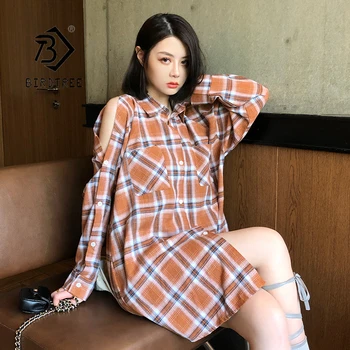 

Summer New Arrival Women Vintage Plaid Shirt Cold Shoulder Batwing Long Sleeve Blouse Oversize Sunscreen Tops Feminina Blusas T9