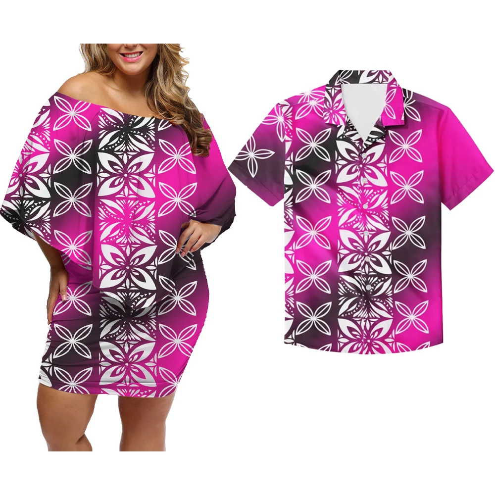 

Polynesian Tribal Couple Clothes Suits Women Off Shoulder Dress Matching Men Shirt for Party Wedding Clothing Island Wear