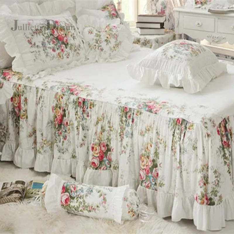Lace Bed Skirt Flower Floral Print Pillowcase Ruffled Bedspread Full Queen King 