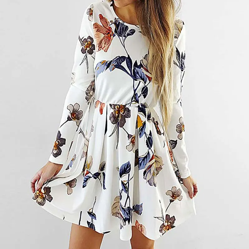 

2019 Autumn Print Dress Women Long Sleeve Short Party Dress Ladies High Waist Casual A-line Dress For Women
