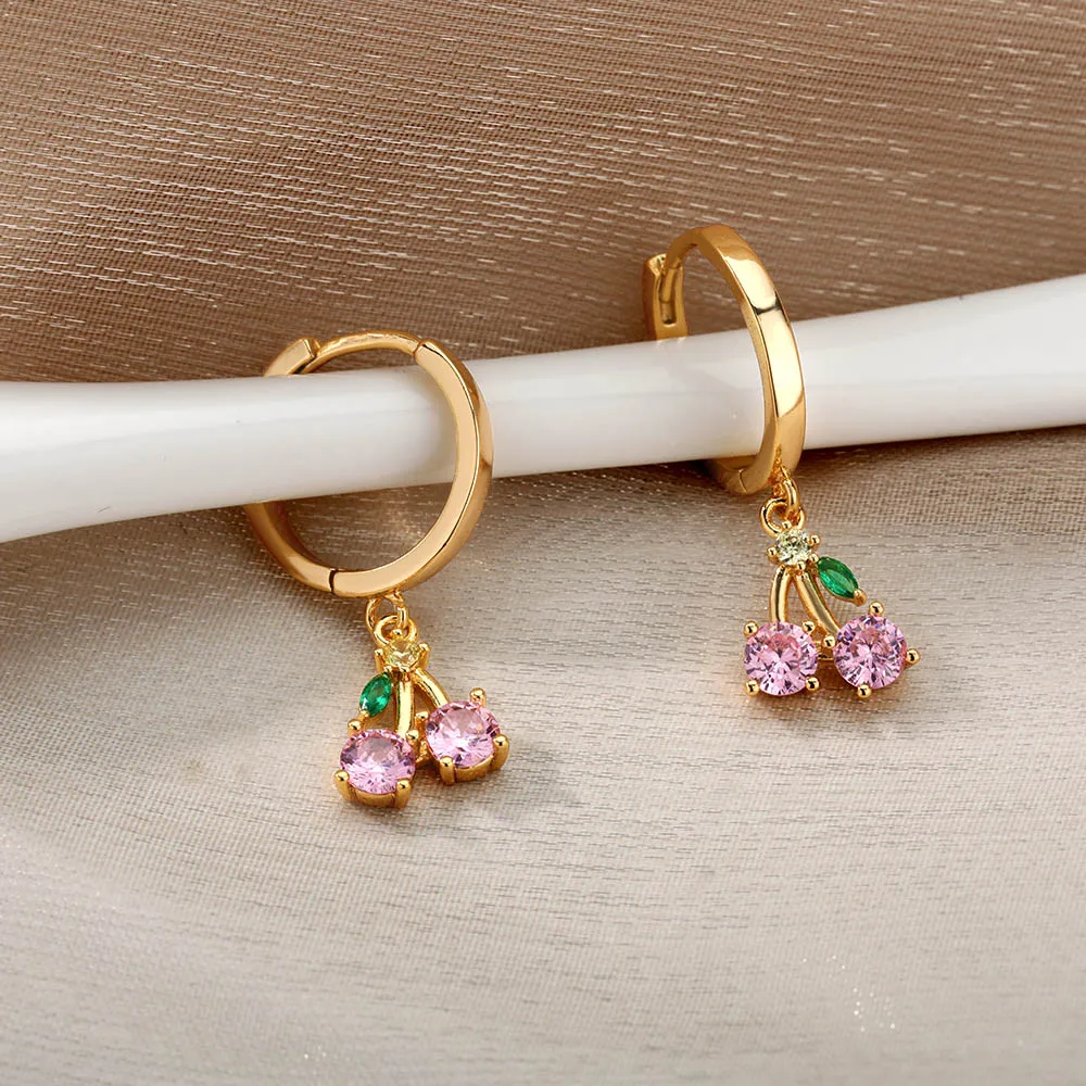 Crystal Cherry Drop Earrings Women Stainless Steel Pink