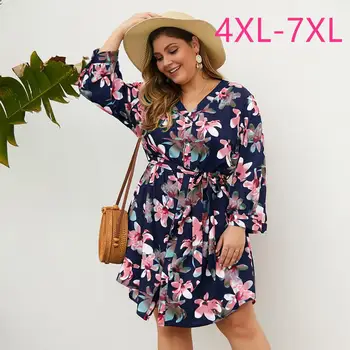 

New spring autumn plus size midi dress for women long sleeve loose casual blue floral flower V neck dress belt 4XL 5XL 6XL 7XL