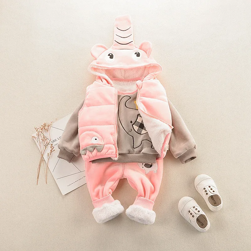 Комплект зимней одежды для мальчиков и девочек 0-5 лет, Повседневный теплый милый детский костюм с мультипликационным принтом, детская одежда, жилет+ толстовка+ штаны - Цвет: Розовый