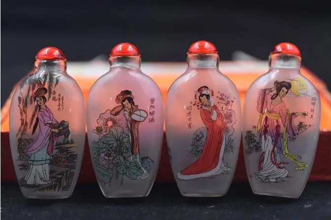 4pc Chinese folk Inside painted Four beauties glass SNUFF BOTTLE 