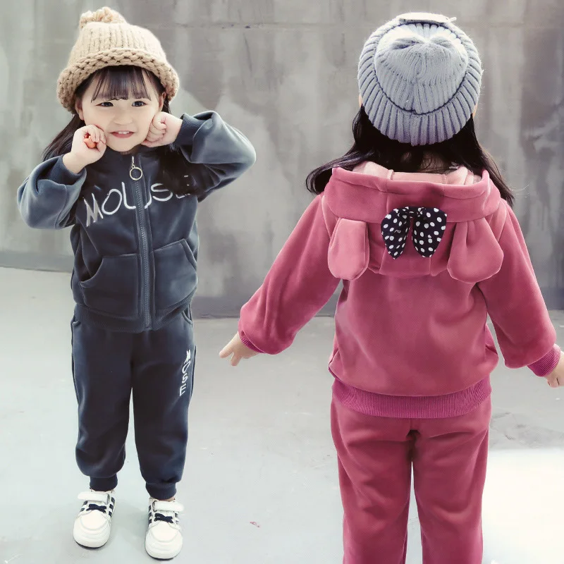 

2018 Winter Childrenswear Boys And Girls Suits Medium-small Children plus Cotton plus Velvet Suit Baby Fox Hooded Two-Piece Set