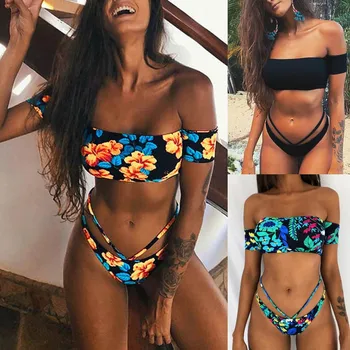 

Women Swimwear Bandage Bikini Set Push-up Padded Bra Bathing Beachwear Swimwear Back Cross Bikini Bathing Suit Beachwear Monokin