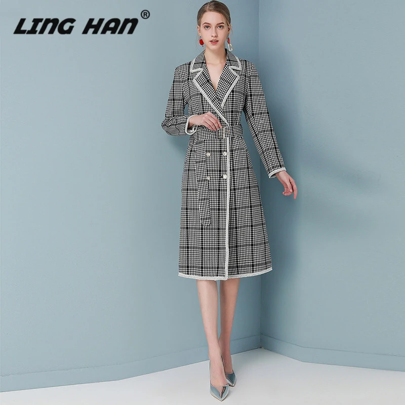

LINGHAN Fashion Contrast plaid Coat Elegant Beading Double-breasted Overcoat Outwear Designer Autumn Winter New