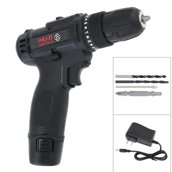 

AC 100 - 240V Cordless 12V Black Electric Drill / Screwdriver with Li-ion Battery and Two-speed Adjustment Button