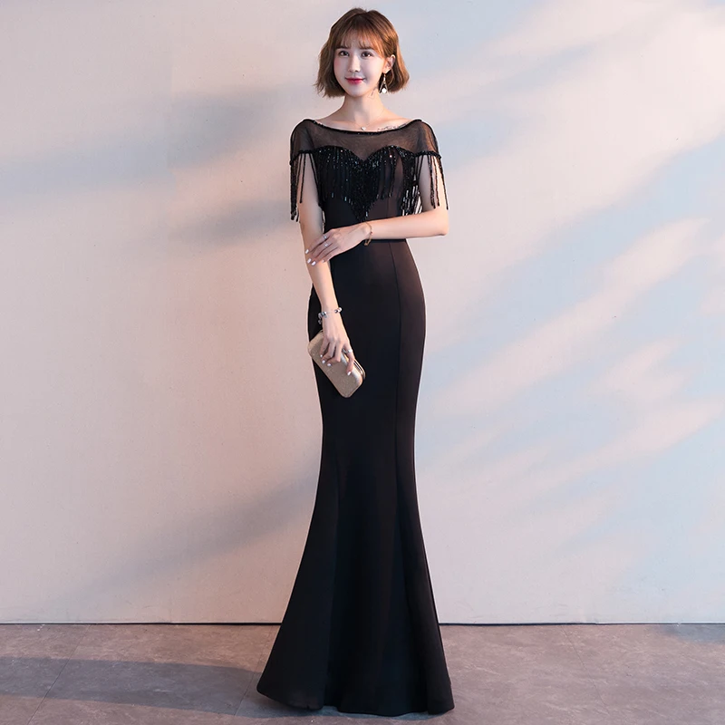 Новое поступление, элегантные вечерние платья, вечернее платье, Vestido de Festa, роскошное черное платье с блестками и короткими рукавами, кружевное стильное платье для выпускного вечера