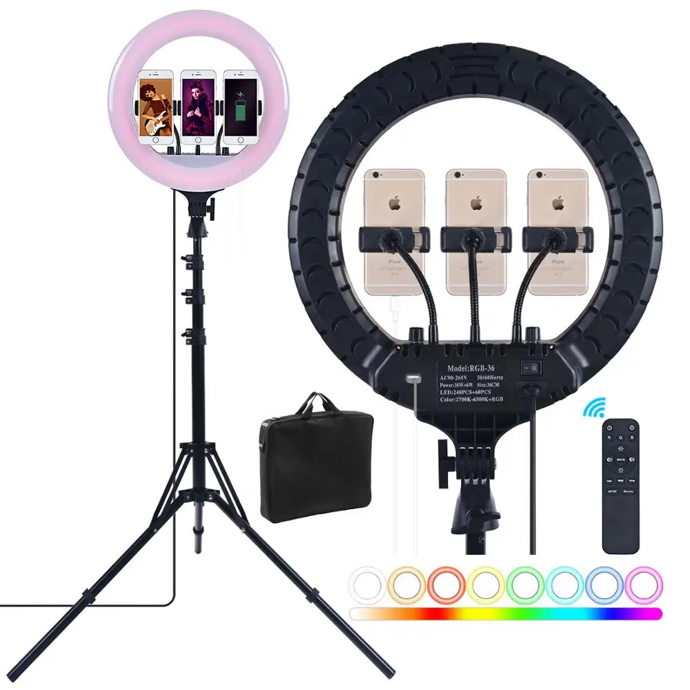 fosoto 14 Inch RGB Photographic Light Led Curved surface Ring Lamp With Tripod And Remote USB Port For Youtube Makeup Shoot