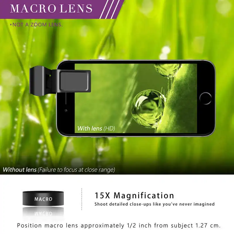 Большая диафрагма Hd телефон объектив, 52Uv 0.45X широкоугольный и 15X макрообъектив, 2 в 1 клип-на объектив камеры мобильного телефона для Iphone, samsung
