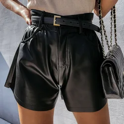 Outono e inverno novo estilo de moda feminina fina couro pu perna larga cintura alta shorts