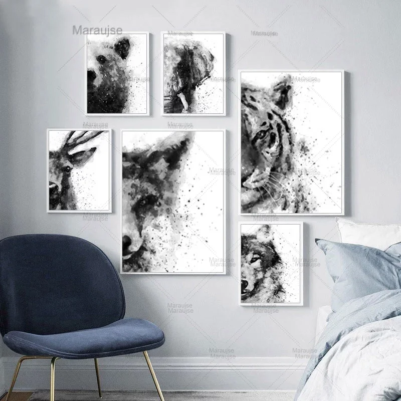 Абстрактные акварельные животные черно-белые плакаты и принты Тигр лиса слон