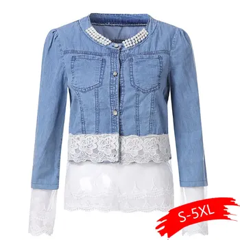 

2020 New Jeans Jacket Women Casacos Feminino Slim Lace Patchwork Beading Denim Lady Elegant Vintage Jackets Coat Dropship