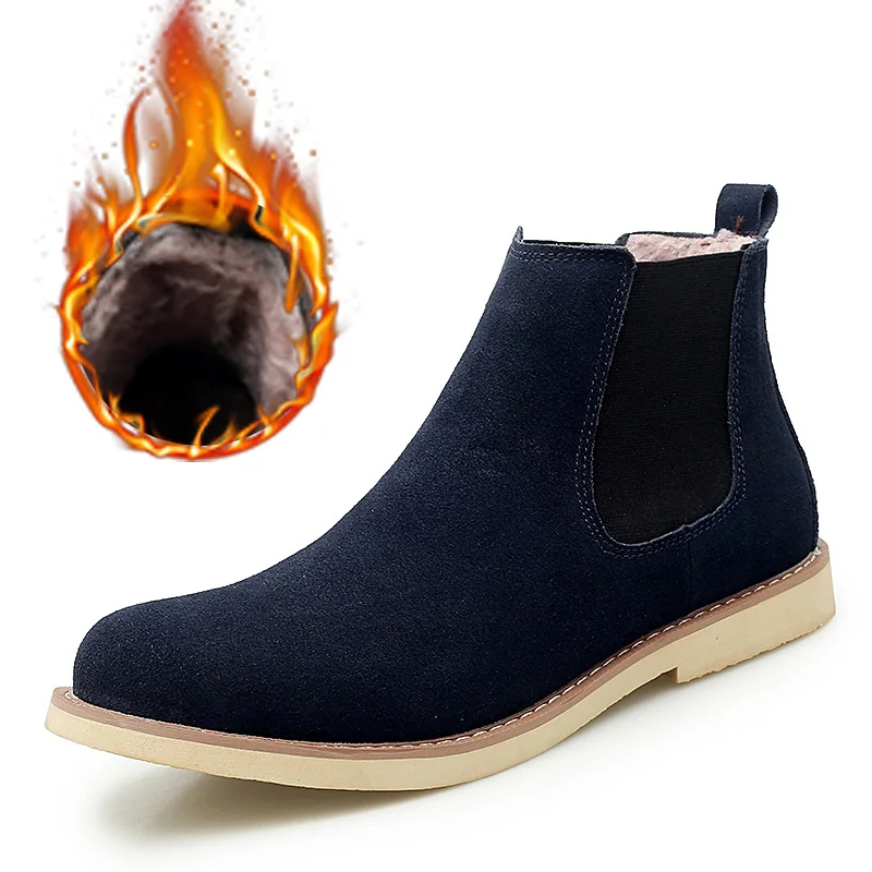 BLUE WITH FUR Новые мужские ботинки челси, сохраняющие тепло ботильоны, большие размеры, черные, коричневые, синие, британский стиль, мужские ботинки, мужская обувь из мягкой кожи, большие размеры - Цвет: BLUE WITH FUR