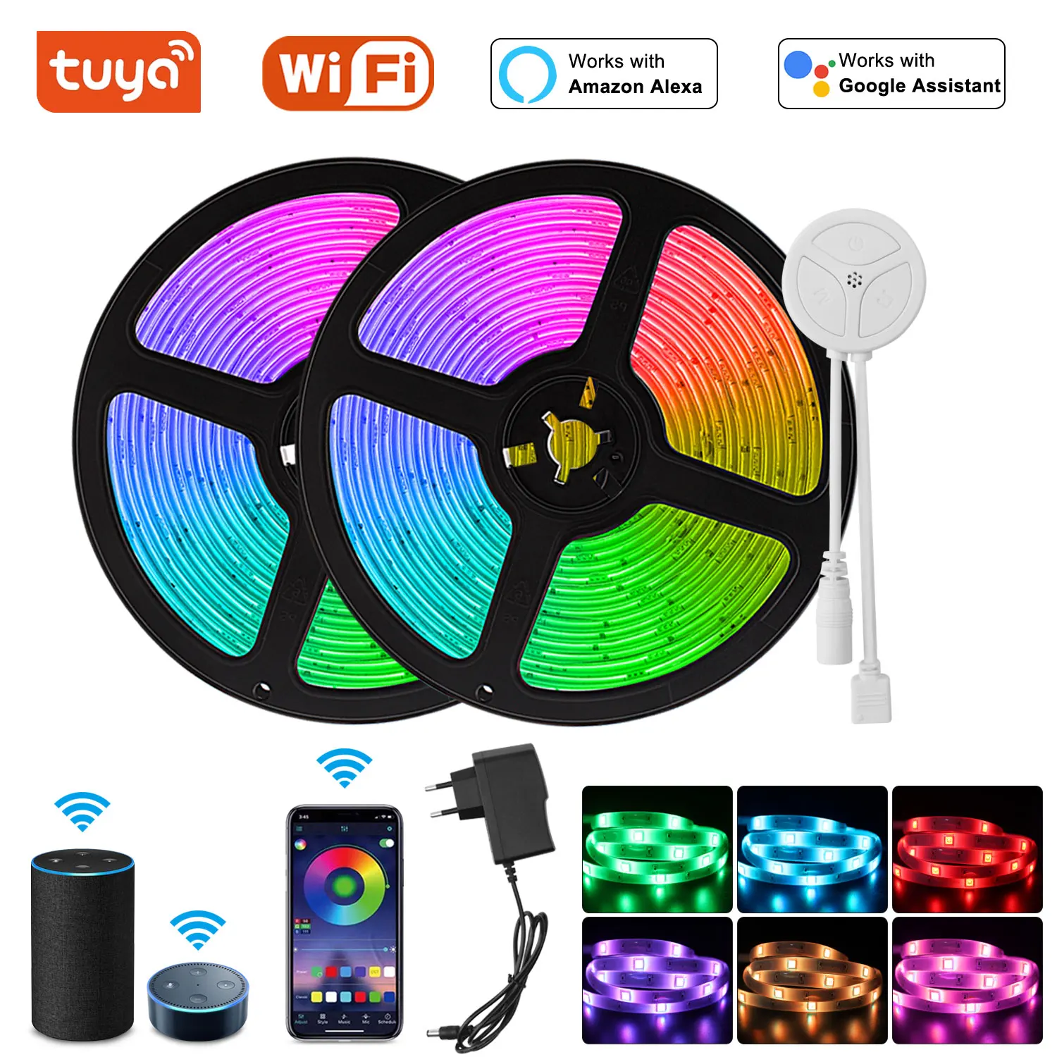 20 Meter RGB 5050 Tuya WiFi Led Strip Light Alexa ribbon 15M 10M 5M led diode tape Bluetooth Controller power adapter for Home