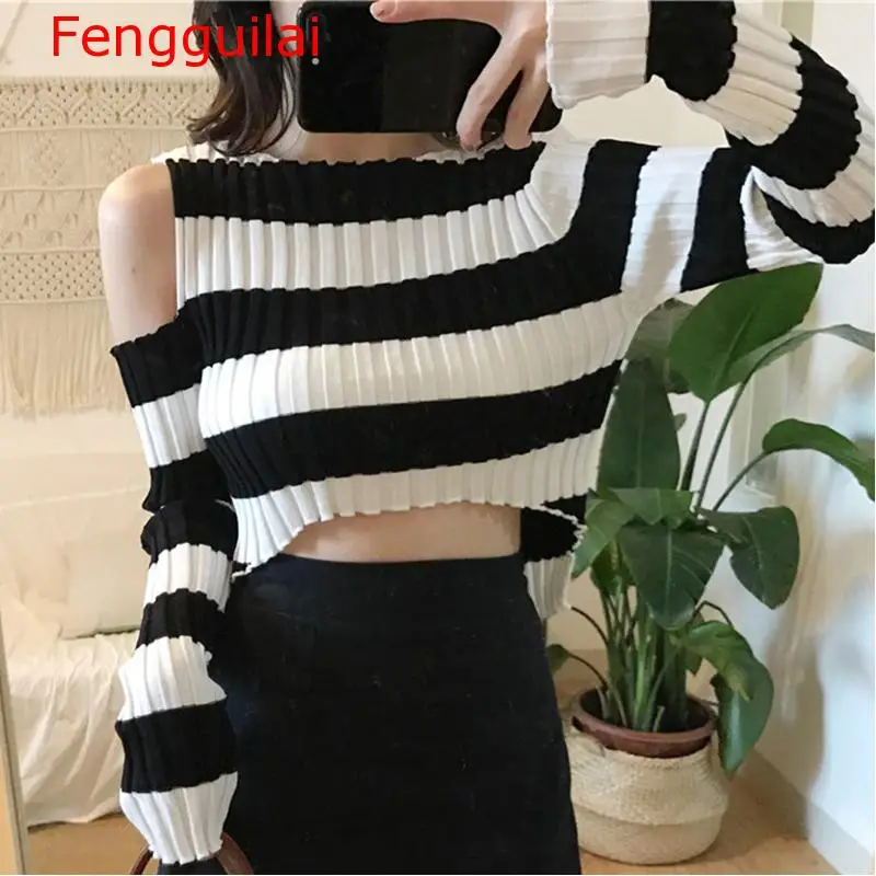 

Autumn Women Sweater O-Neck Cropped Sweater Off Shoulder Pullover Sweater Crop Top For Female