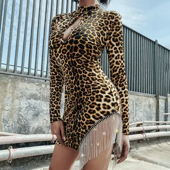

Women Leopard Print Mini Dres Sexy Ladies Long Sleeve Leopard Print Party Bodycon Pencil Dress