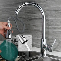 Kitchen Sink Faucet 304 Stainless Steel Double Outlet Hot and Cold Pull Out  Kitchen Taps Water Mixer Tap Swivel 360